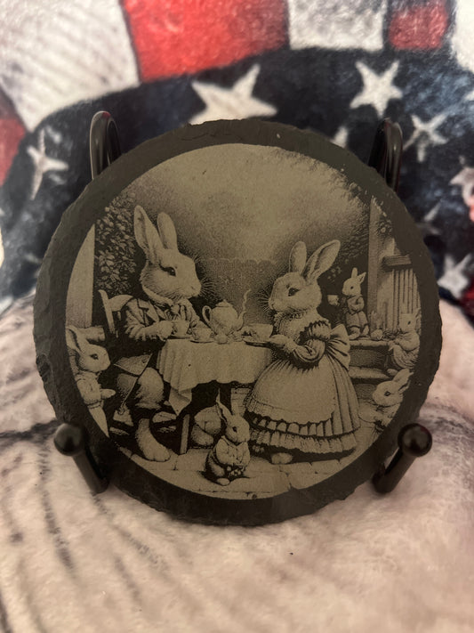 Rabbits at tea time. 4x4 slate coaster. With no scratch disc on the back of each. 